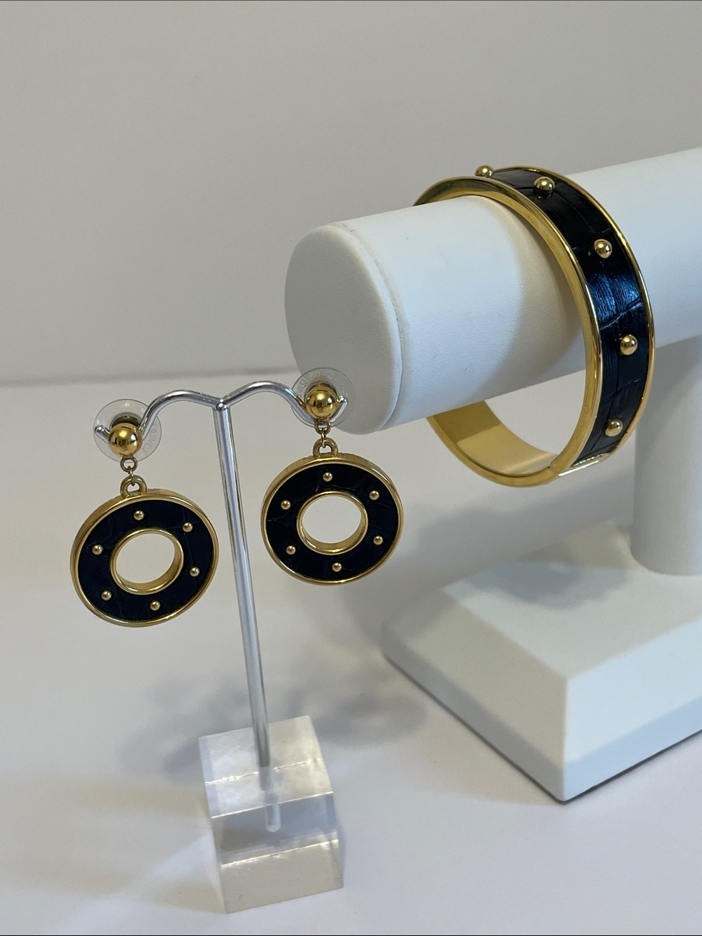 Joan Rivers Vintage Black Faux Leather And Gold-Tone Studded Bangle And Earrings